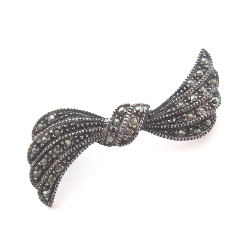 VINTAGE SIGNED HL SS 925 STERLING SILVER‎ MARCASITE STONES BOW BROOCH PIN